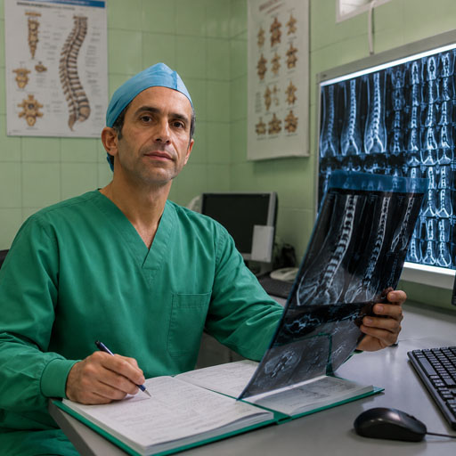 دکتر پیمان زندی جراح مغز و اعصاب و ستون فقرات در سنندج در حال بررسی تصاویر MRI ستون فقرات بیمار