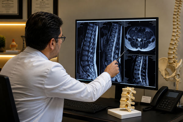 جراح مغز و اعصاب در حال بررسی MRI دیسک ستون فقرات