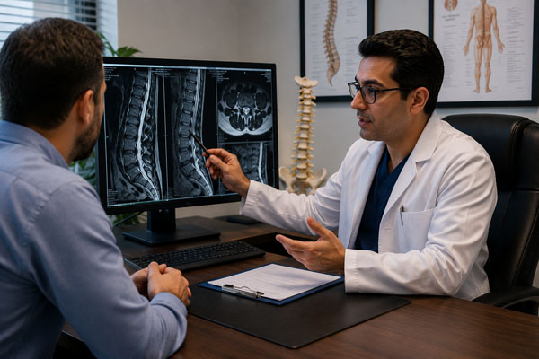 مشاوره بیمار درباره دیسک کمر و بررسی تصاویر MRI توسط جراح مغز و اعصاب